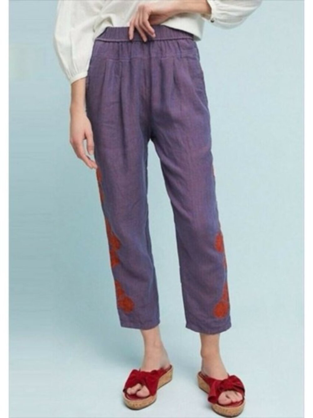 Anthropologie 100% Linen Purple Floral Embroidered Cropped Boho Pants, Size MP